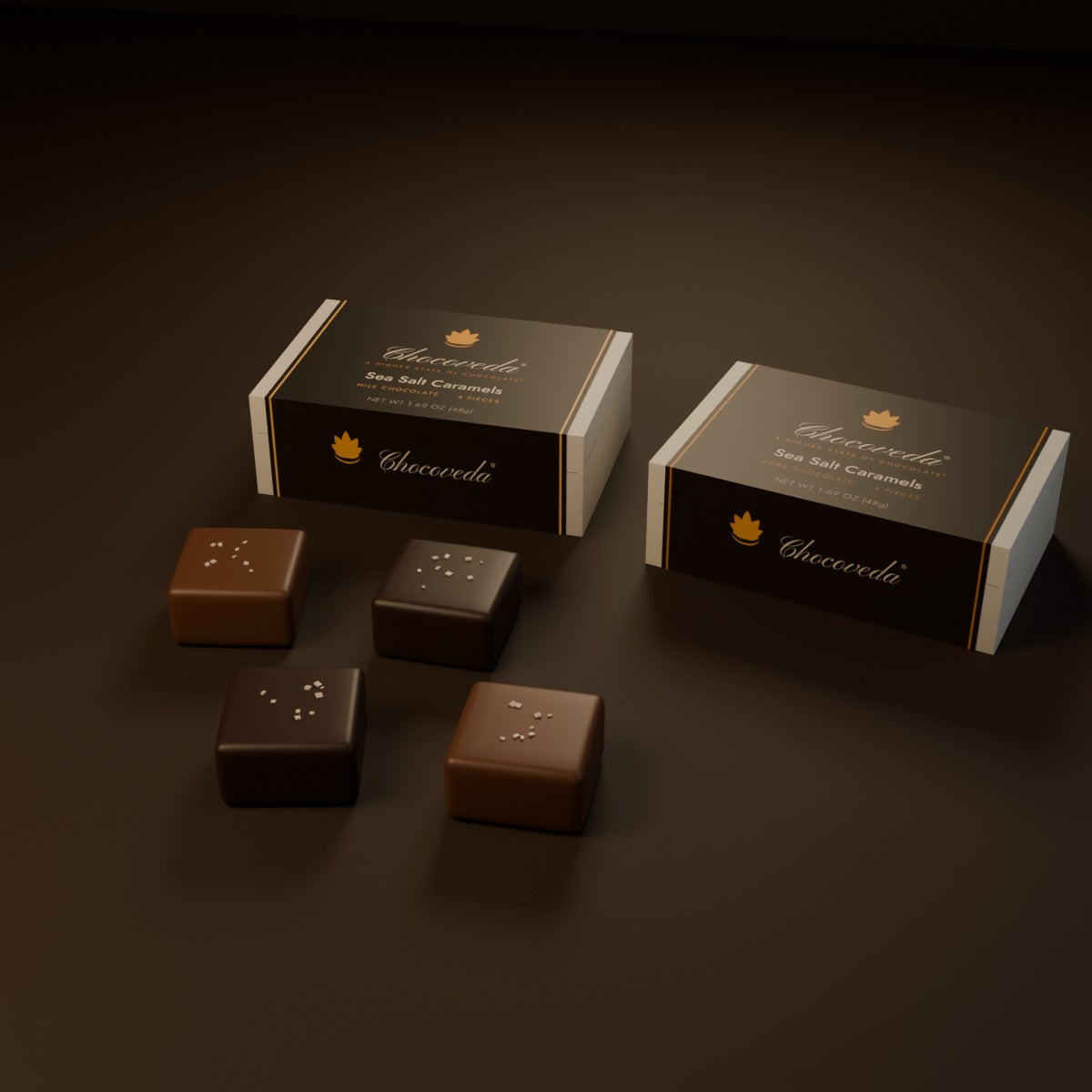 Chocoveda Sea Salt Caramels on cacao (render)