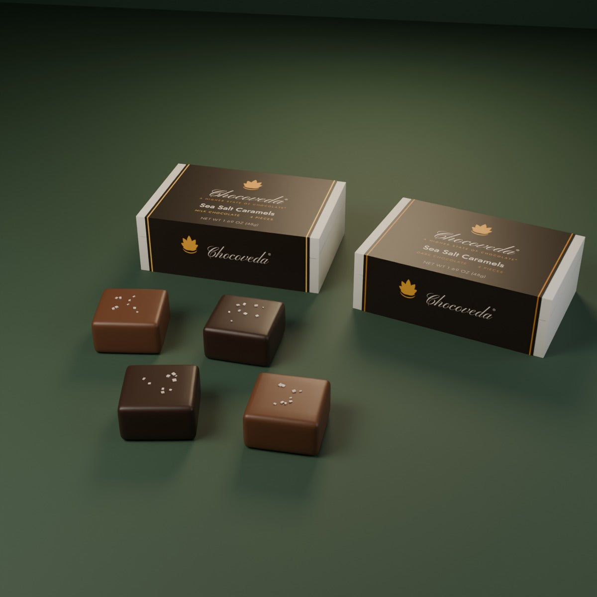 Chocoveda Sea Salt Caramels on forest green (render)