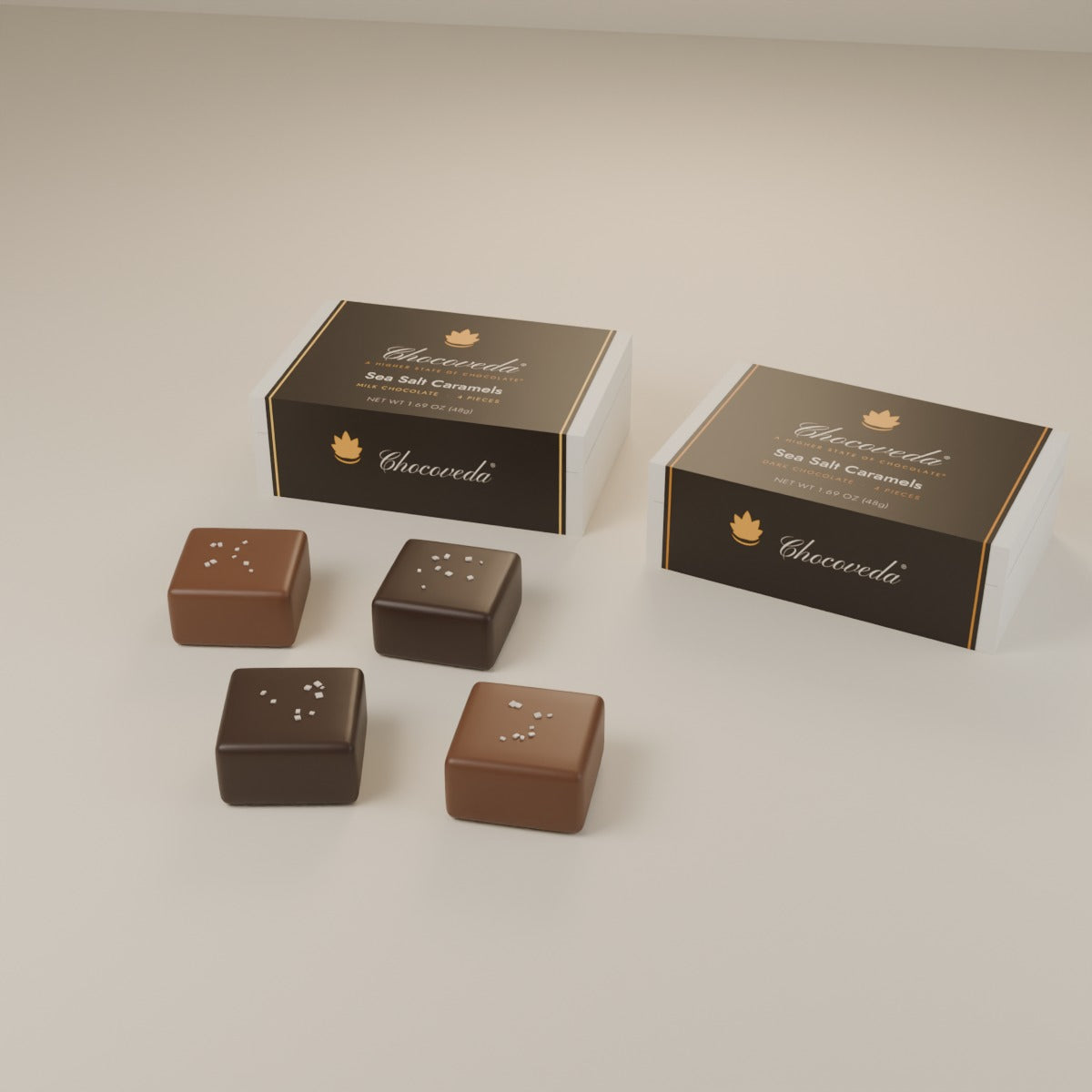 Chocoveda Sea Salt Caramels, milk and dark, 4-piece white boxes (render)