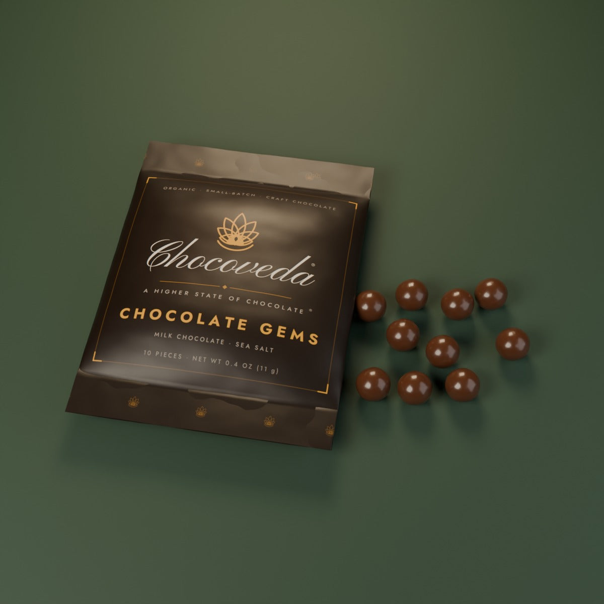 Chocoveda Chocolate Gems on forest green (render)