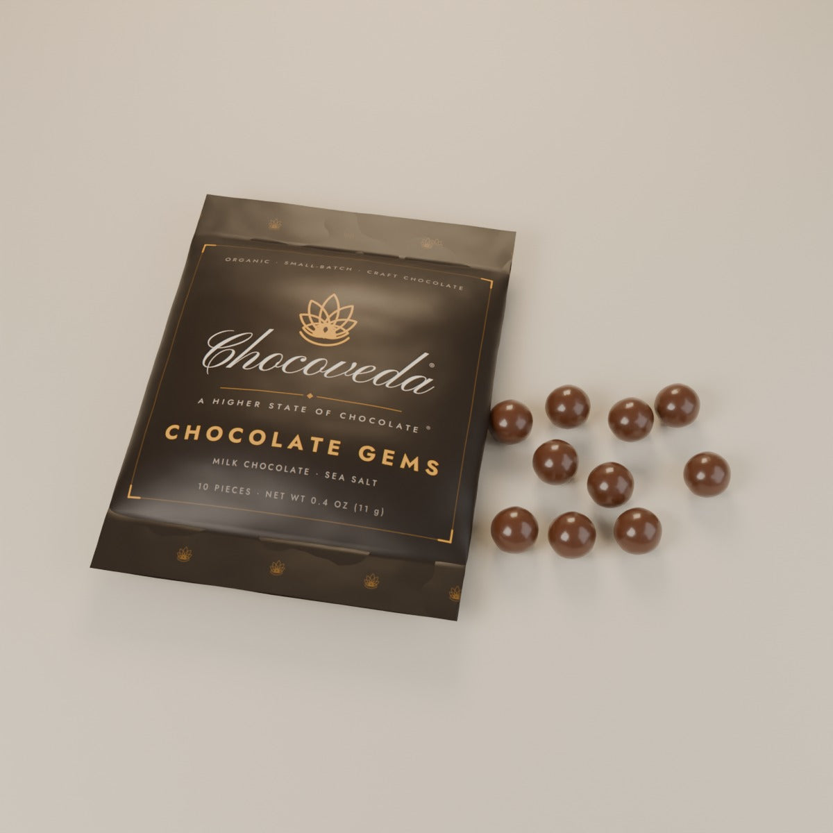 Chocoveda Chocolate Gems pack with milk chocolate gems (render)