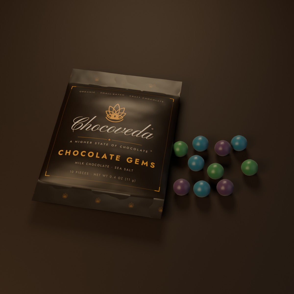Chocoveda Chocolate Gems on cacao (render)