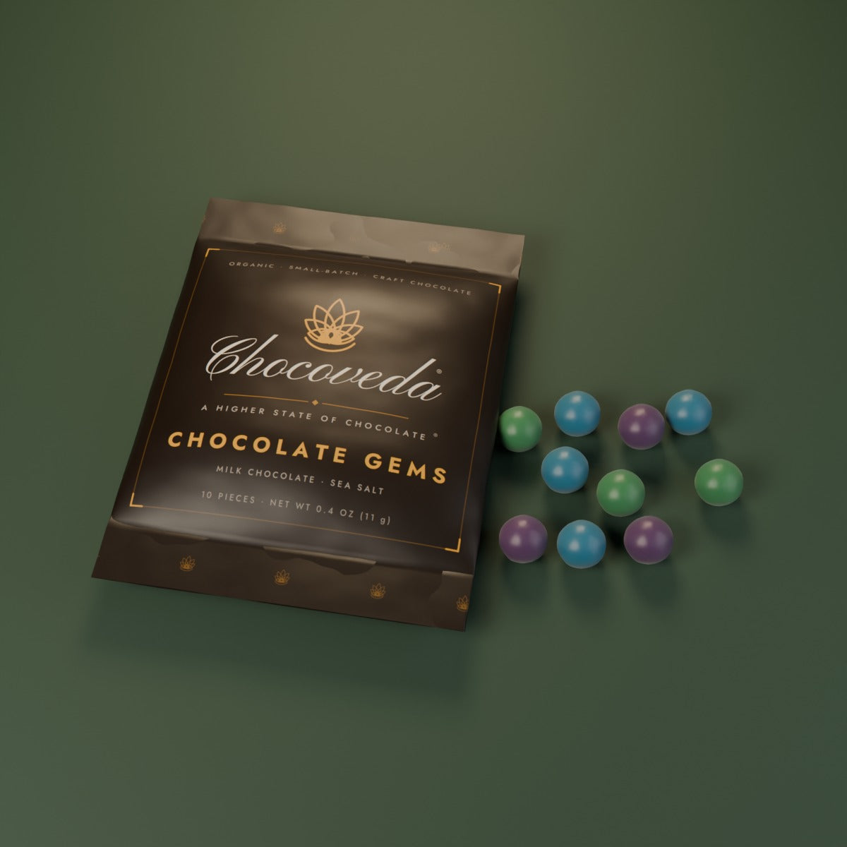 Chocoveda Chocolate Gems on forest green (render)