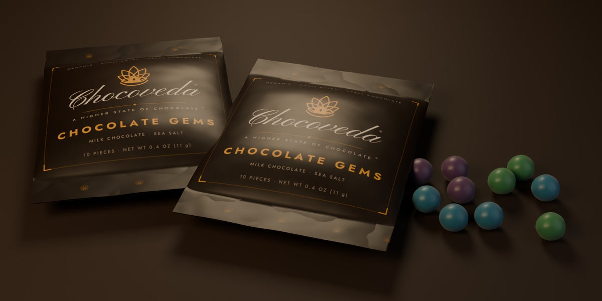Chocoveda Chocolate Gems packs with multicolor gems on cacao (render)