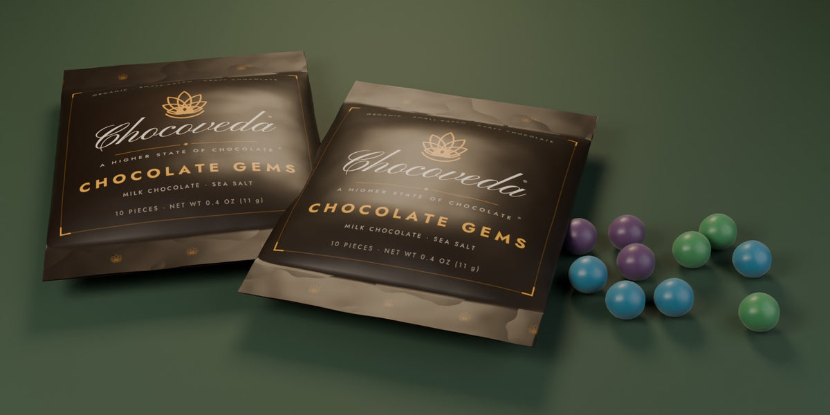 Chocoveda Chocolate Gems packs with multicolor gems on forest green (render)