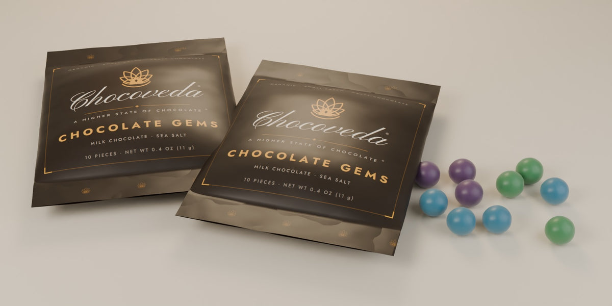 Chocoveda Chocolate Gems packs with multicolor gems on ivory (render)