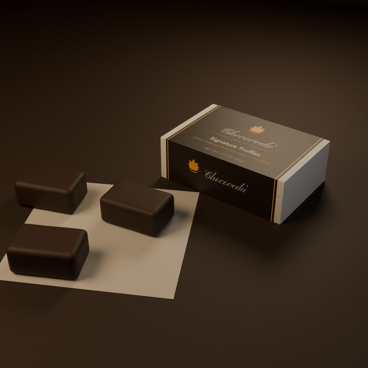 Chocoveda Signature Truffles on cacao (render)