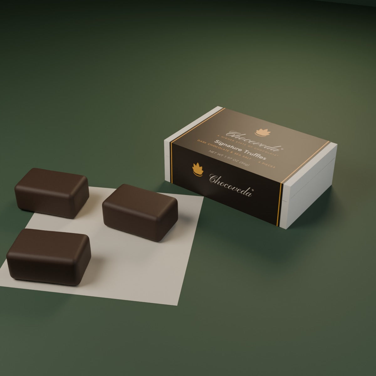 Chocoveda Signature Truffles on forest green (render)