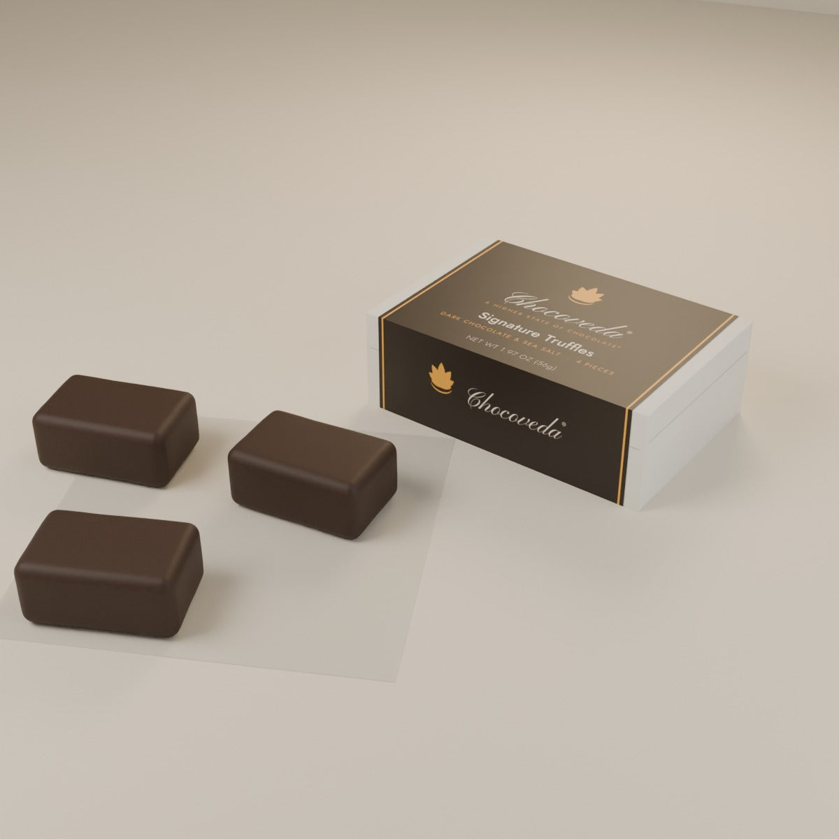 Chocoveda Signature Truffles, 4-piece white box with wrap label (render)